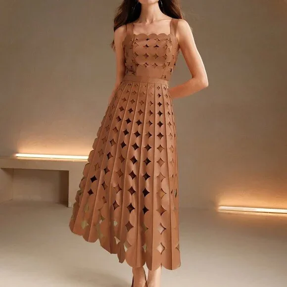 Khaki Elegant Women's Faux Leather Laser Party maxi Dress